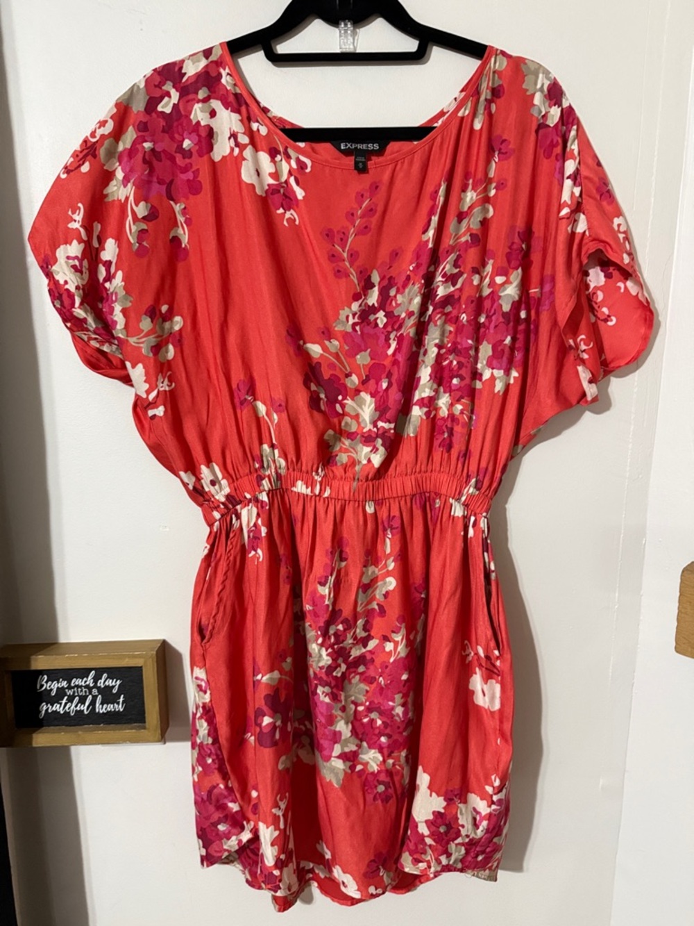 Express Coral Red Floral Cinched-Waist Dress
